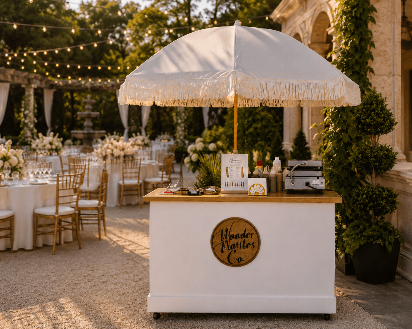 Wander Waffles CO styled wedding waffle cart and dessert bar set up for a Cambridge, MA reception