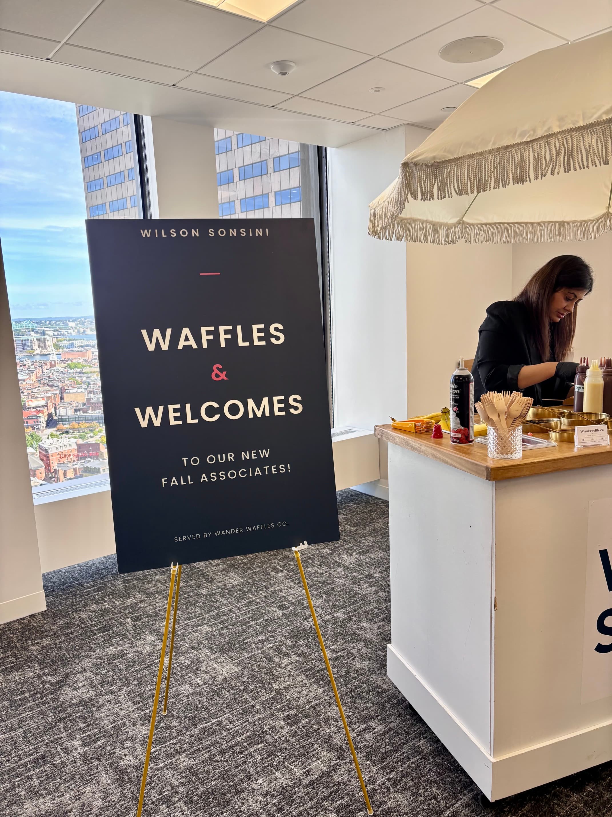 Wander Waffles CO serving made-to-order waffles at a Wilson Sonsini corporate welcome event for new fall associates.