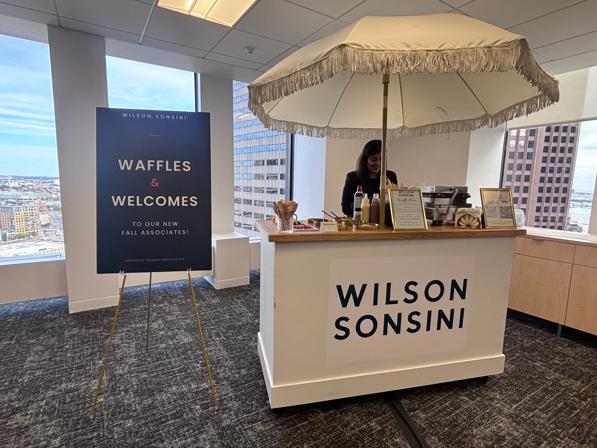 Wander Waffles CO serving made-to-order waffles during a Wilson Sonsini welcome event for new fall associates.