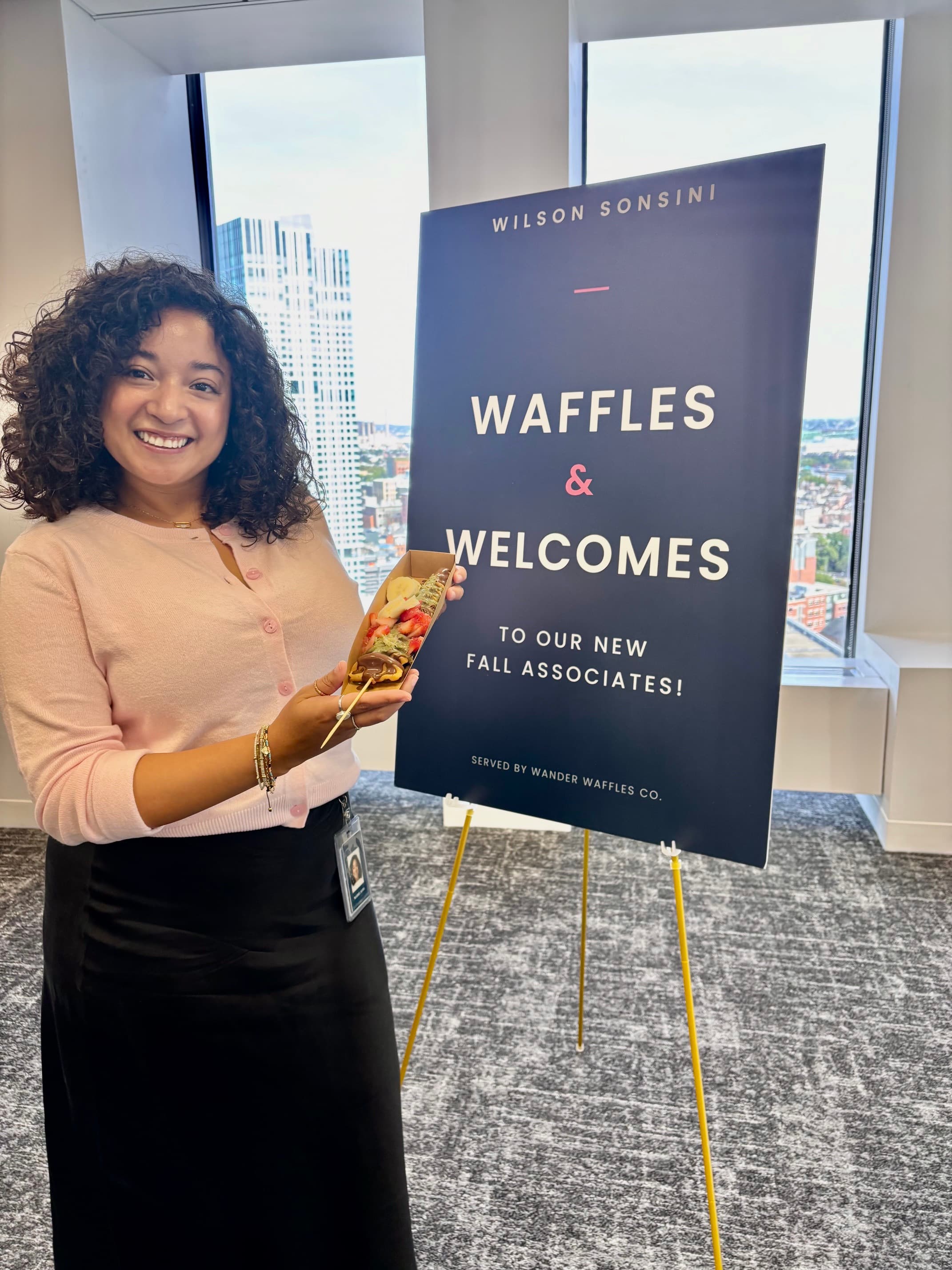 Wander Waffles CO serving made-to-order waffles at a Wilson Sonsini welcome event for new fall associates.