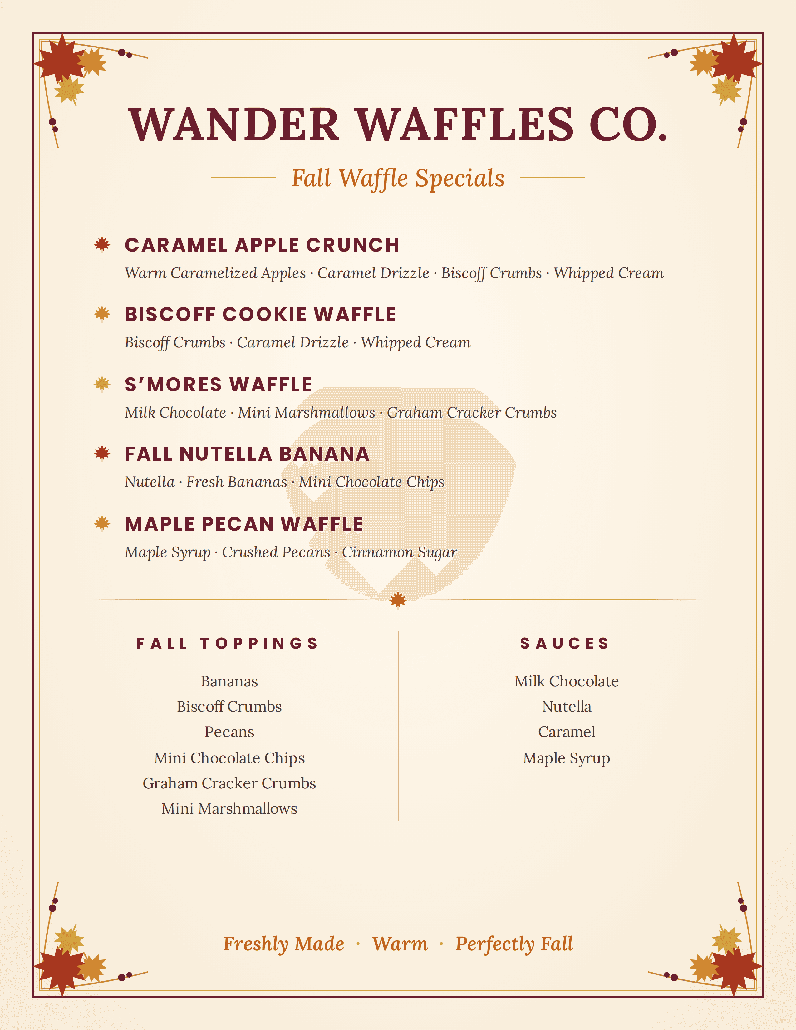 Wander Waffles Co. fall waffle specials menu
