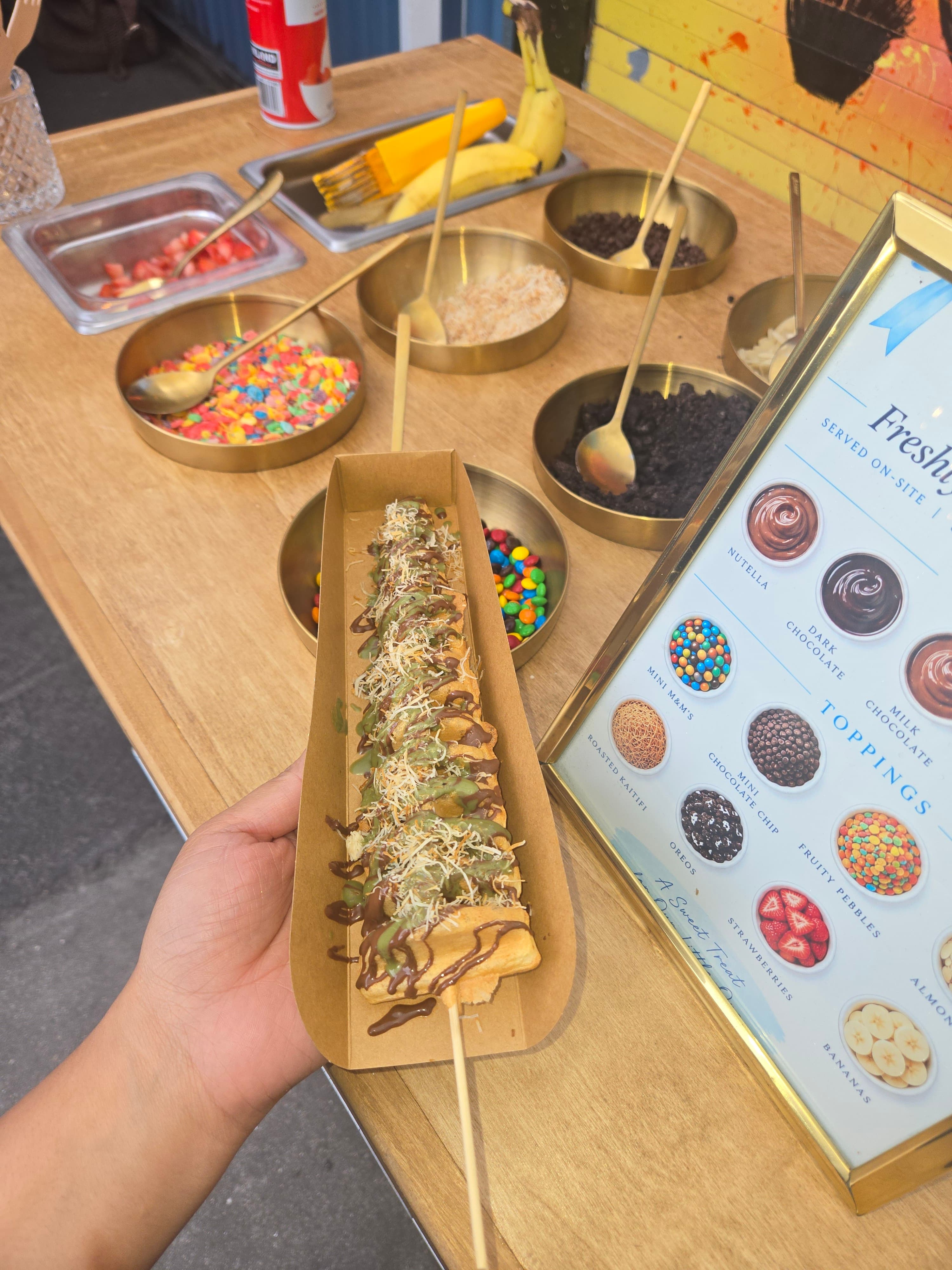 Wander Waffles CO made-to-order waffles on a stick with fresh toppings at a baby shower at Short Path Distillery.