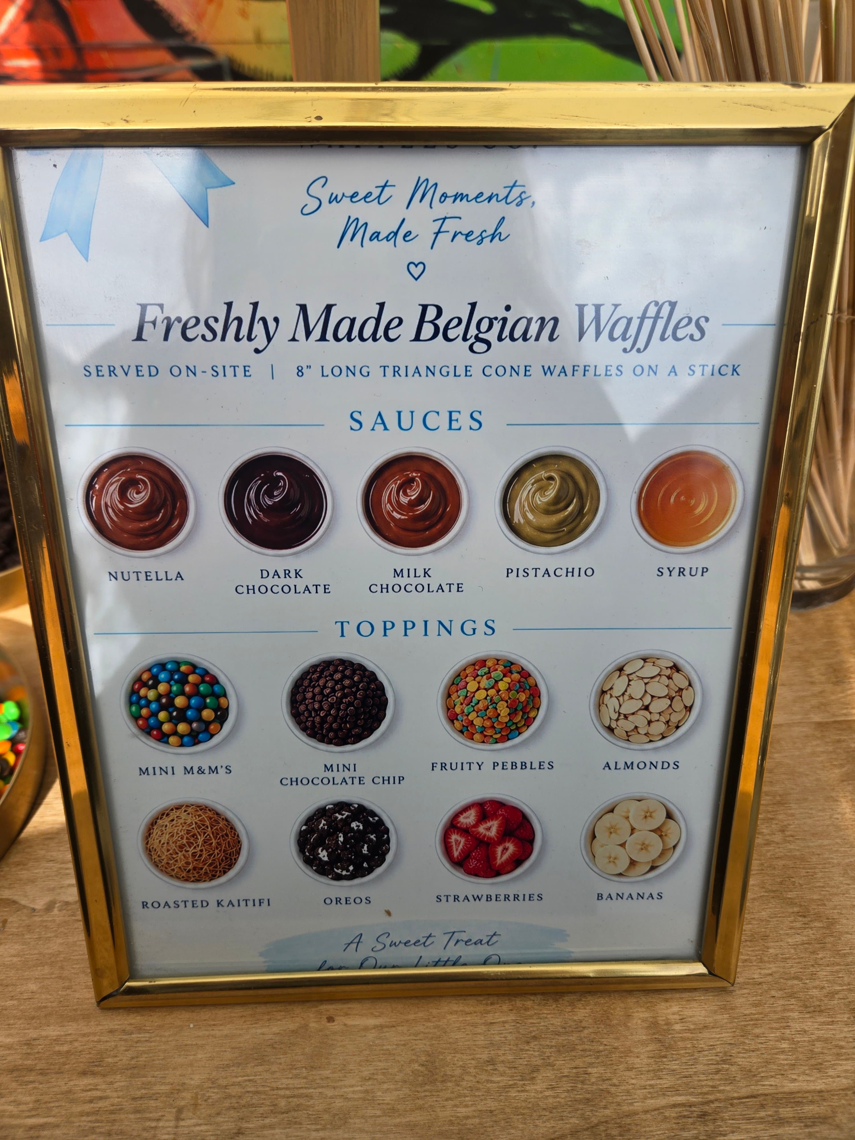 Wander Waffles CO Belgian waffle menu with sauces and toppings for baby shower catering at Short Path Distillery Everett.